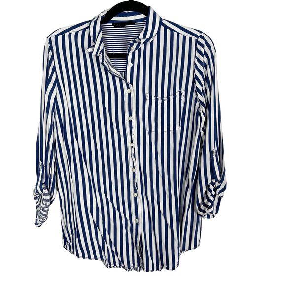 Jane and Delancey Womens Large Blue White Striped 3/4 Sleeve Blouse Button Back - Picture 1 of 8